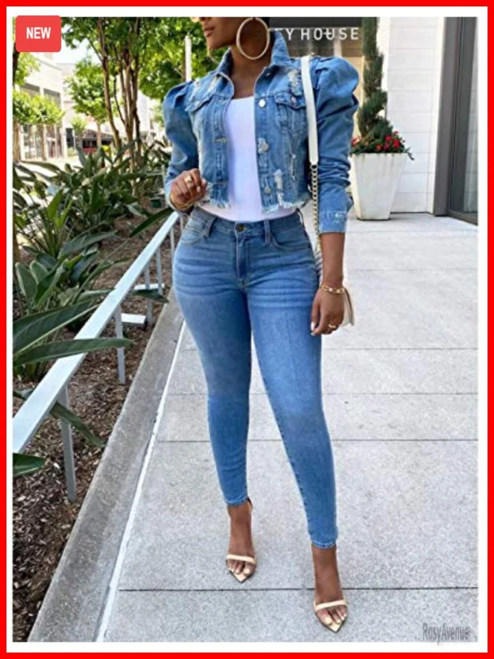 Puff Sleeve Denim Crop Top Long-Sleeve Frayed Hem Jean Jacket